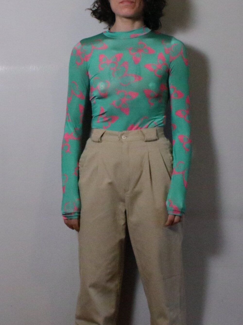 asos Teal & Pink Butterfly Mock Neck Body Suit Size 0